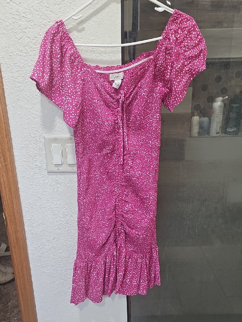 Bright Pink Puff-Sleeve Ruffle Midi Dress